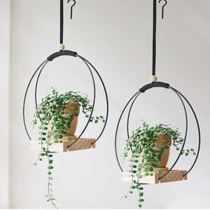Boho Macrame Plant Hanger with Wood Base - pair - NEW